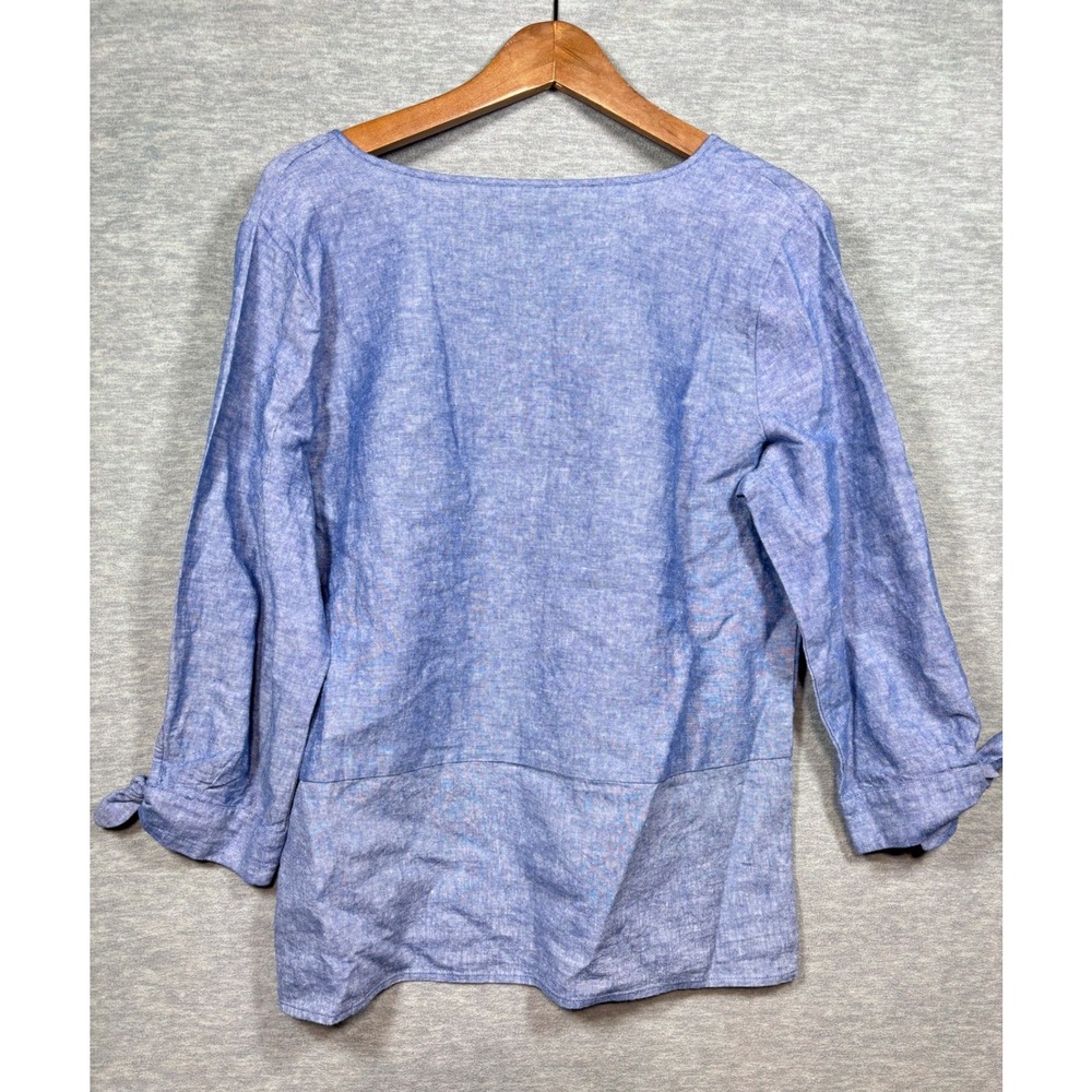 Liz Claiborne Top M Blue Linen Blend Henley Blouse 3/4 Tie Sleeve Casual - Picture 4 of 5
